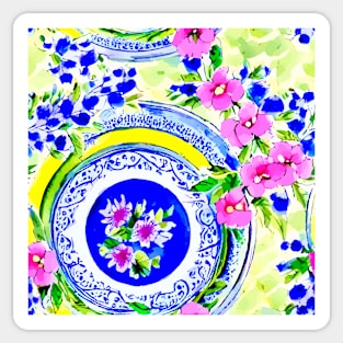 Blue and yellow plates and pink Clematis Sticker